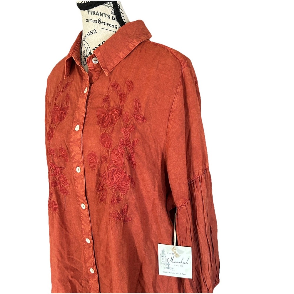 Caffe Marrakesh Collared Rust Embroidered Long Sleeve Button Down Size Xl NWT - Picture 2 of 4